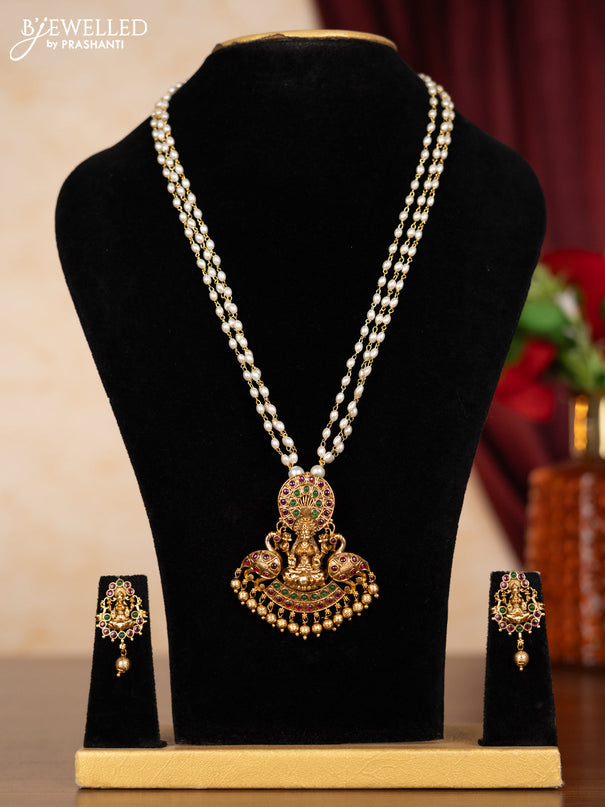 Pearl necklace lakshmi pendant with kemp stones and golden beads hangings