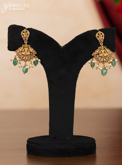 Pearl necklace lakshmi pendant with kemp stones and pearl & mint green beads hangings
