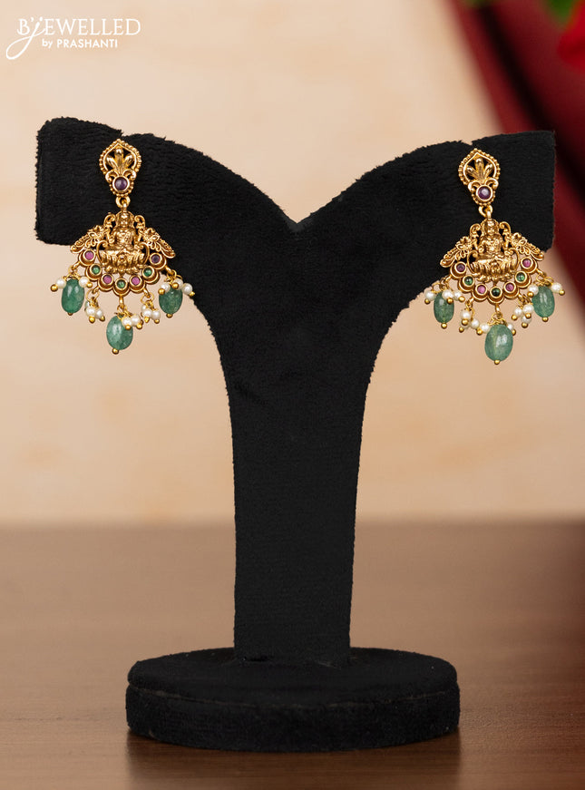 Pearl necklace lakshmi pendant with kemp stones and pearl & mint green beads hangings