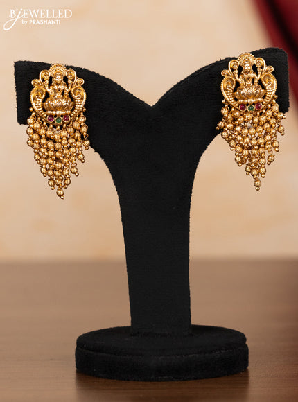 Pearl necklace lakshmi pendant with kemp stones and golden beads hangings