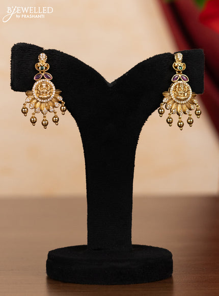 Pearl necklace lakshmi pendant with kemp & cz stones and golden beads hangings