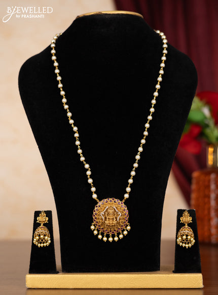 Pearl necklace lakshmi pendant with ruby & cz stones and pearl hangings