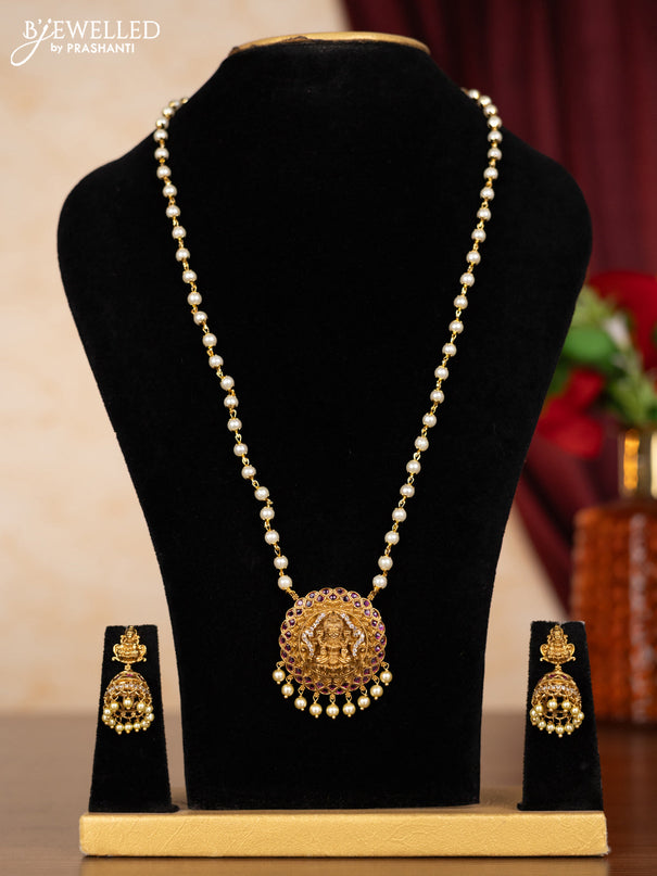 Pearl necklace lakshmi pendant with ruby & cz stones and pearl hangings