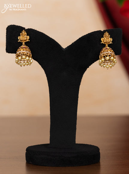 Pearl necklace lakshmi pendant with ruby & cz stones and pearl hangings