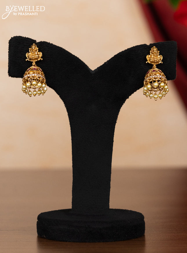 Pearl necklace lakshmi pendant with ruby & cz stones and pearl hangings