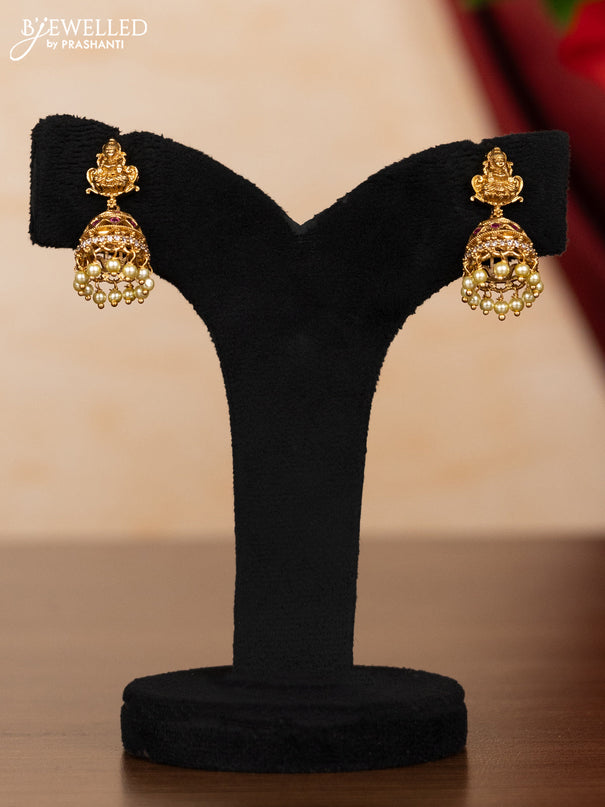 Pearl necklace lakshmi pendant with ruby & cz stones and pearl hangings