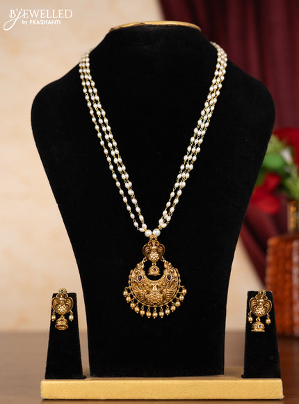 Pearl triple layer necklace peacock design with kemp stones and golden beads hangings
