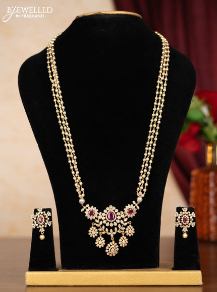 Pearl triple layer necklace with ruby & cz stones and hangings