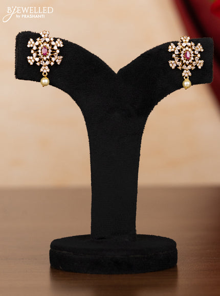 Pearl triple layer necklace with ruby & cz stones and hangings
