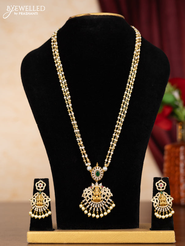 Pearl triple layer necklace lakshmi design with kemp & cz stones and pearl hangings