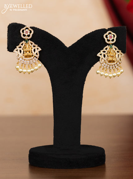 Pearl triple layer necklace lakshmi design with kemp & cz stones and pearl hangings