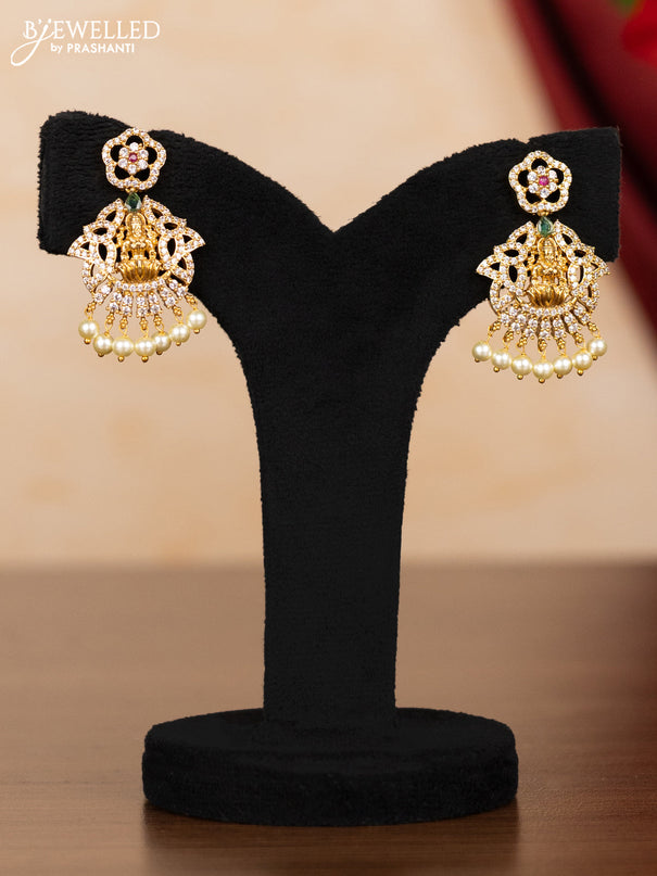 Pearl triple layer necklace lakshmi design with kemp & cz stones and pearl hangings