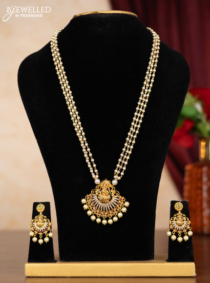 Pearl triple layer necklace lakshmi design with kemp & cz stones and pearl hangings