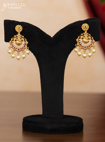 Pearl triple layer necklace lakshmi design with kemp & cz stones and pearl hangings