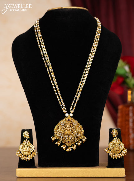 Pearl triple layer necklace lakshmi pendant with ruby & cz stones and pearl & golden beads hangings
