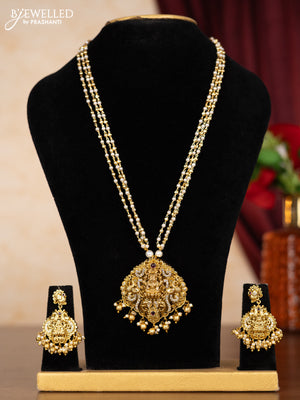 Pearl triple layer necklace lakshmi pendant with ruby & cz stones and pearl & golden beads hangings
