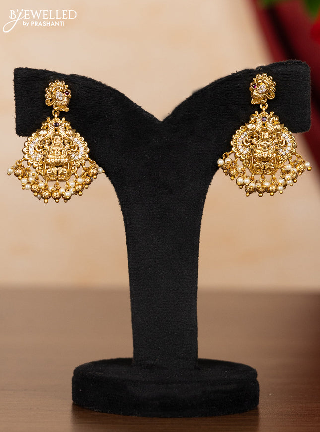 Pearl triple layer necklace lakshmi pendant with ruby & cz stones and pearl & golden beads hangings