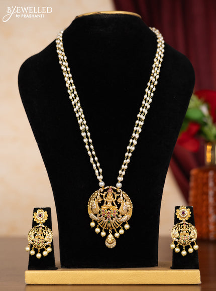 Pearl triple layer necklace lakshmi design with kemp & cz stones and pearl hangings
