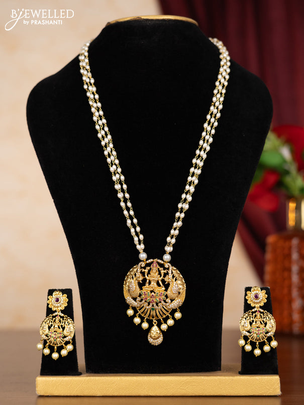 Pearl triple layer necklace lakshmi design with kemp & cz stones and pearl hangings