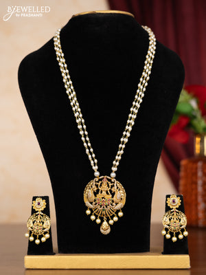 Pearl triple layer necklace lakshmi design with kemp & cz stones and pearl hangings