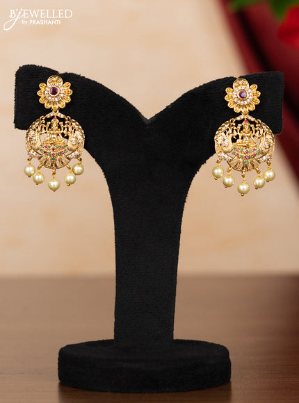 Pearl triple layer necklace lakshmi design with kemp & cz stones and pearl hangings