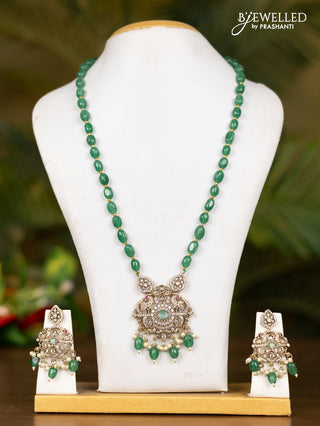 Beaded mint green necklace with double peacock pendant in victorian finish