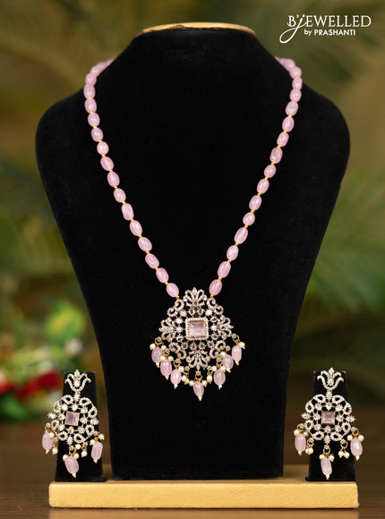 Beaded baby pink necklace with floral pendant in victorian finish