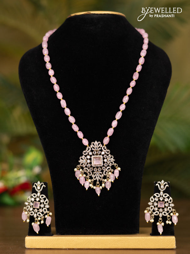 Beaded baby pink necklace with floral pendant in victorian finish