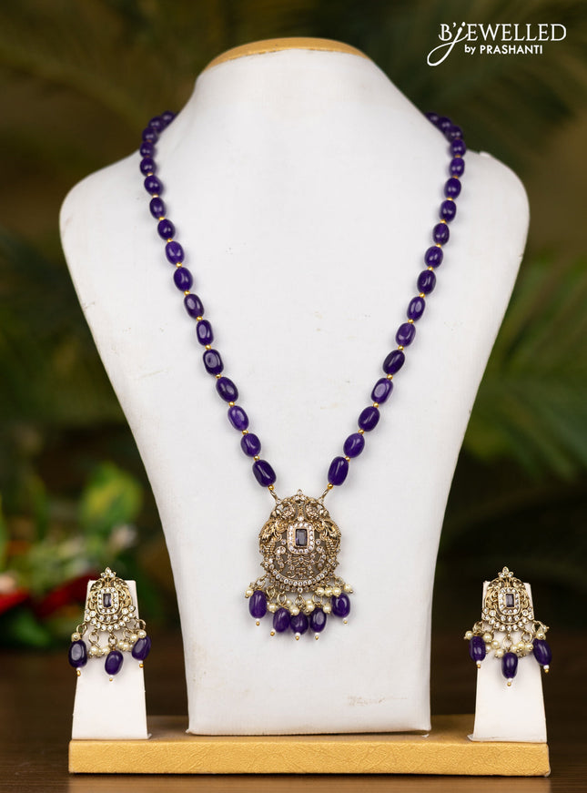 Beaded voilet necklace with double peacock pendnat in victorian finish