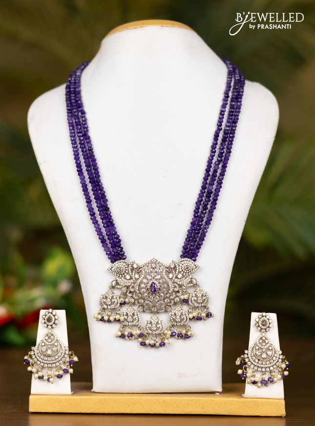 Beaded triple layer voilet necklace with double peacock pendnat in victorian finish