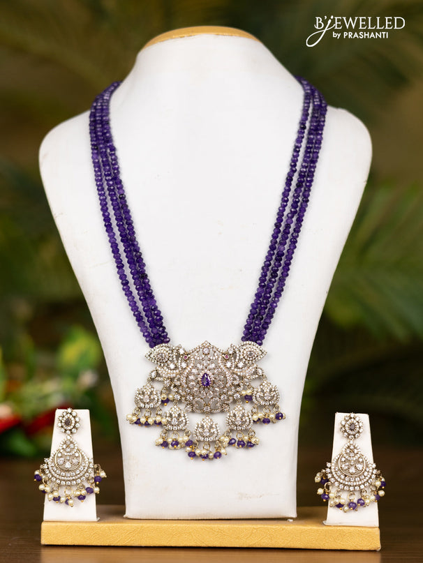 Beaded triple layer voilet necklace with double peacock pendnat in victorian finish