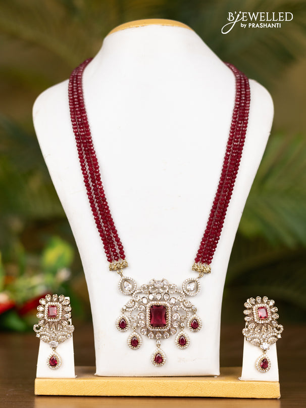 Beaded triple layer maroon necklace with double peacock pendant in victorian finish