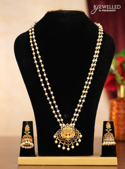 Pearl double layer haaram lakshmi pendant with kemp & cz stones and pearl hangings