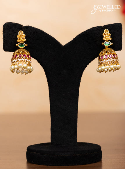 Pearl double layer haaram lakshmi pendant with kemp & cz stones and pearl hangings