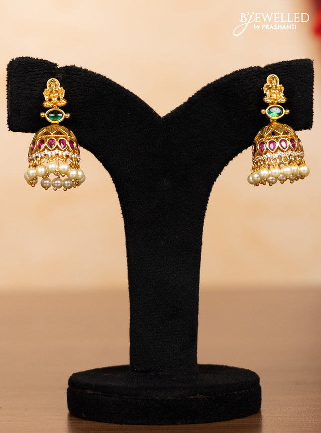 Pearl double layer haaram lakshmi pendant with kemp & cz stones and pearl hangings