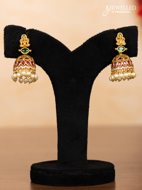 Pearl double layer haaram lakshmi pendant with kemp & cz stones and pearl hangings