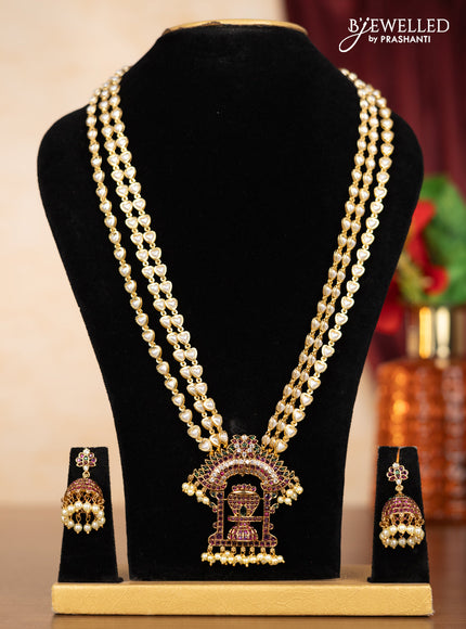 Pearl triple layer haaram shivlingam pendant with kemp & cz stones and pearl hangings