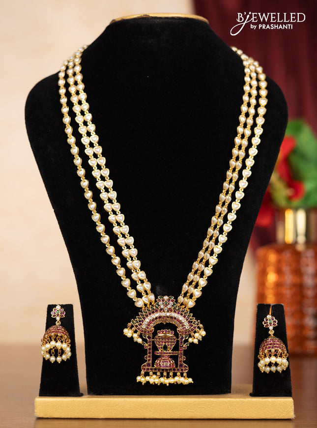 Pearl triple layer haaram shivlingam pendant with kemp & cz stones and pearl hangings