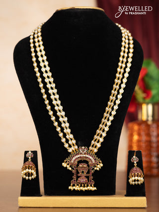 Pearl triple layer haaram shivlingam pendant with kemp & cz stones and pearl hangings