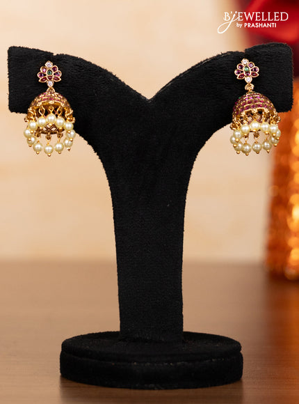 Pearl triple layer haaram shivlingam pendant with kemp & cz stones and pearl hangings