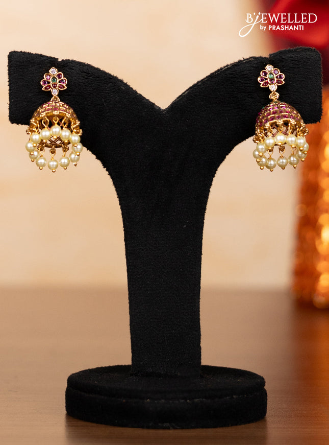 Pearl triple layer haaram shivlingam pendant with kemp & cz stones and pearl hangings