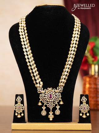 Pearl triple layer haaram with ruby & cz stones and hangings