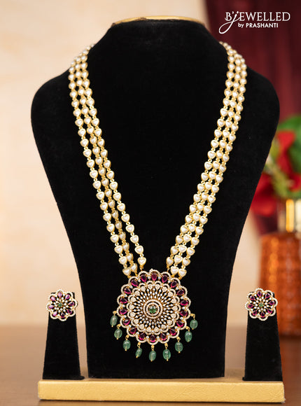 Pearl triple layer haaram with ruby & cz stones and mint green beads hangings