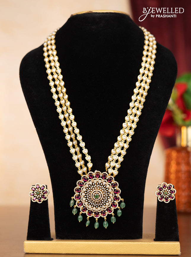Pearl triple layer haaram with ruby & cz stones and mint green beads hangings