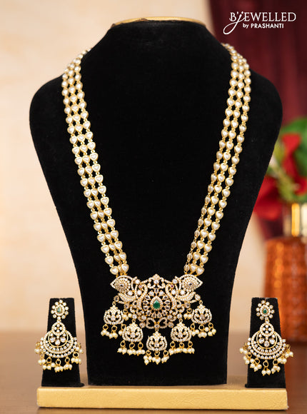 Pearl triple layer haaram with emerald & cz stones and pearl hangings