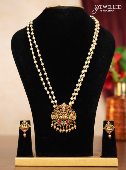 Pearl double layer haaram lakshmi pendant with kemp jadau stones and golden beads hangings