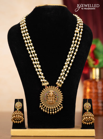Pearl triple layer haaram lakshmi pendant with kemp stones and golden beads hangings