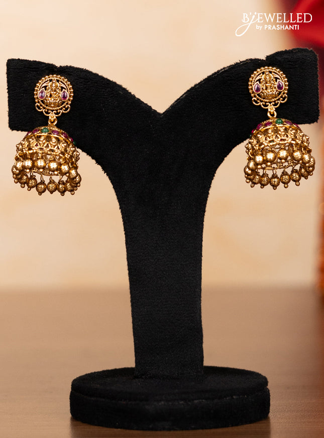 Pearl triple layer haaram lakshmi pendant with kemp stones and golden beads hangings