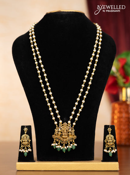 Pearl triple layer haaram lakshmi pendant with kemp stones and mint green beads hangings