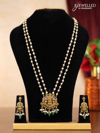 Pearl triple layer haaram lakshmi pendant with kemp stones and mint green beads hangings